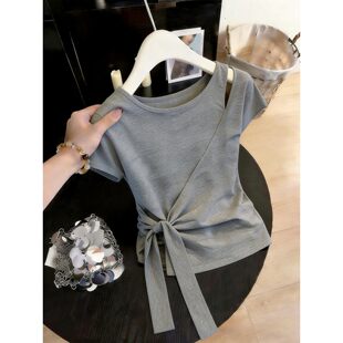 大码女装遮肚子不规则绑带正肩短袖T恤夏季胖mm显瘦遮肉别致上衣