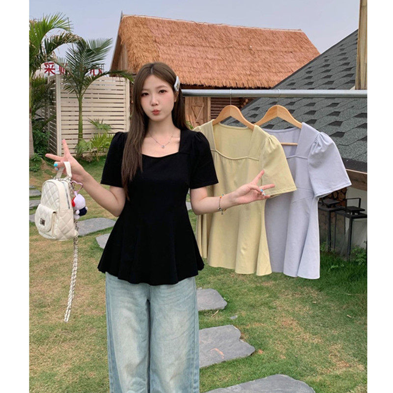法式气质方领正肩短袖T恤女胖MM大码夏季显瘦荷叶边遮肉上衣240斤