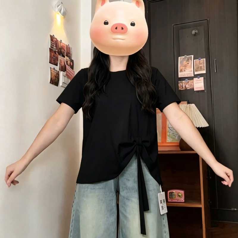 大码设计感正肩短袖T恤女胖mm夏季显瘦遮肚子不规则别致上衣240斤图片