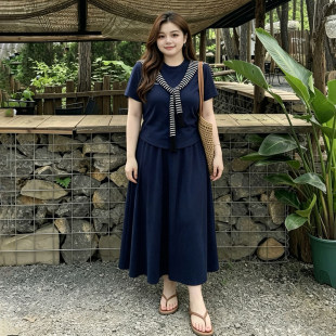 大码女装胖mm韩系通勤风圆领条纹披肩上衣+半身裙夏上新气质套装