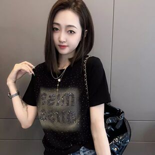 t恤女夏季 字母烫钻短袖 洋气胖MM显瘦宽松遮肚子上衣240斤 时尚 大码
