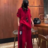 大码 条纹宽松运动服两件套 韩系休闲小众拼接胖MM简约春秋圆领时尚