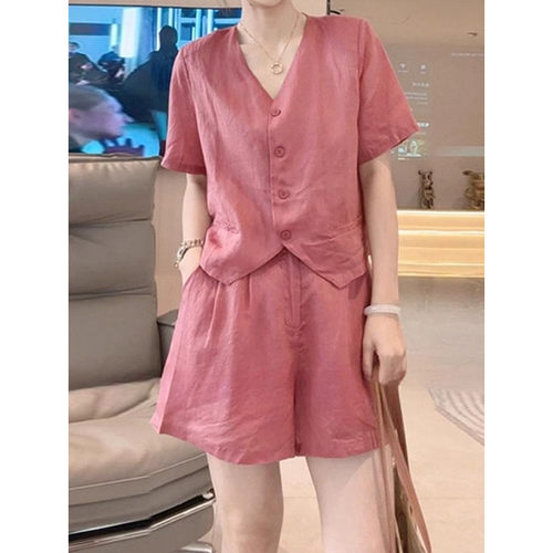 高级感时尚休闲套装女微胖mm大码夏季显瘦减龄遮肉短袖短裤两件套