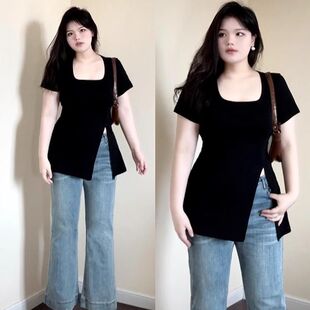 开叉胖MM夏时尚 方口领短袖 别致设计感显瘦上衣 多巴胺小众新款 大码