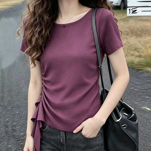 褶皱设计感飘带短袖t恤女胖mm大码夏季收腰显瘦小众别致上衣240斤