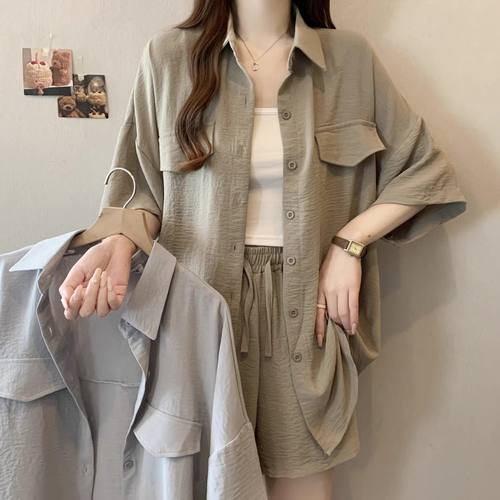 大码夏季搭配一整套女胖mm宽松显瘦防晒衬衫上衣短裤两件套300斤