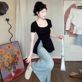 大码胖MM设计感开叉短袖T恤女夏季显瘦纯欲方口领正肩上衣2-300斤