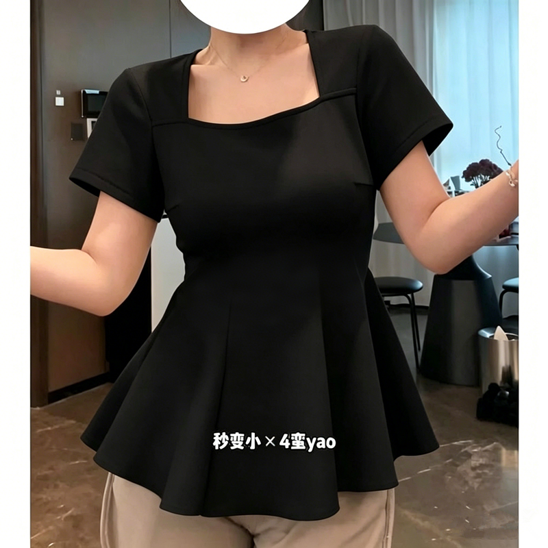 大码女装慵懒风方领正肩短袖T恤胖MM夏季收腰显瘦荷叶边遮肚上衣