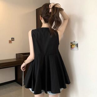 大码V领吊带背心女外穿夏季胖mm宽松遮肚子中长款娃娃衫蓬蓬上衣