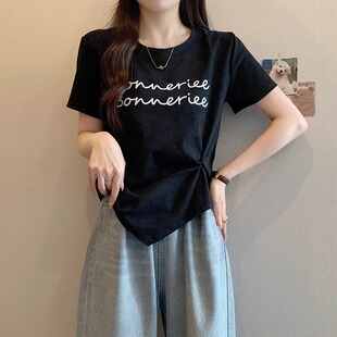 正肩短袖 大码 微胖mm美式 爆款 显瘦不规则遮肚子上衣 t恤女夏天新品