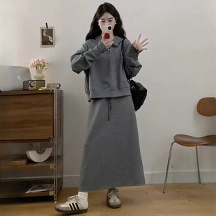 秋季女装一整套胖MM大码高级感时尚气质假两件POLO卫衣半身裙套装
