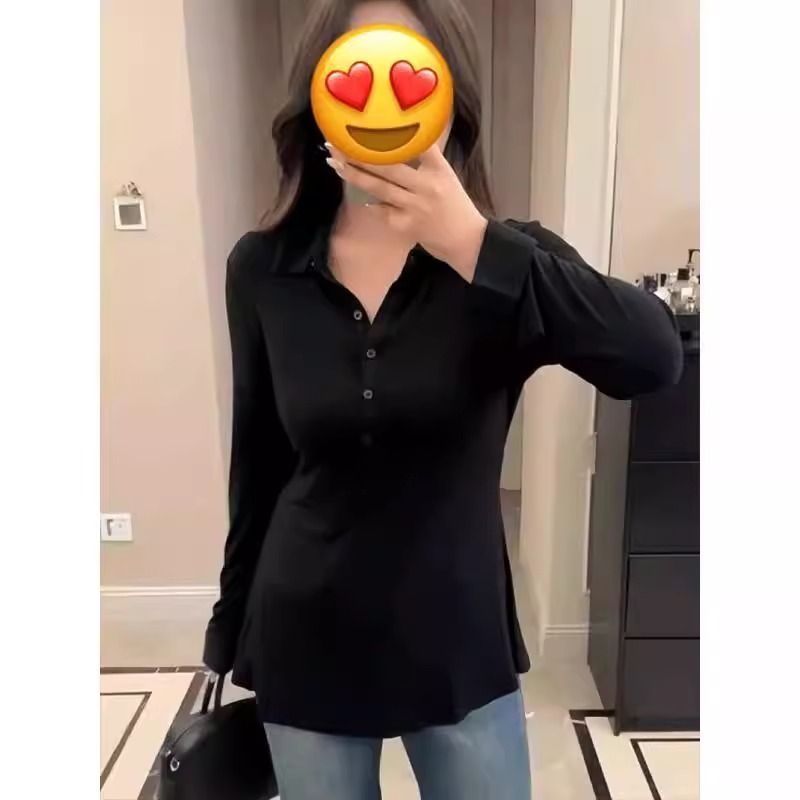 大码设计感Polo领长袖t恤上衣女秋季胖mm收腰显瘦内搭打底衫240斤