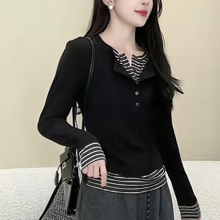 修身 大码 T恤女春秋款 撞色条纹长袖 设计感假两件显瘦上衣 胖MM时尚