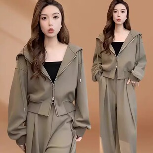 大码时尚秋季穿搭一整套女胖MM休闲运动连帽卫衣外套两件套300斤