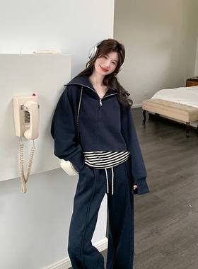 大码时尚休闲套装女春秋季新款胖MM条纹背心卫衣休闲阔腿裤三件套