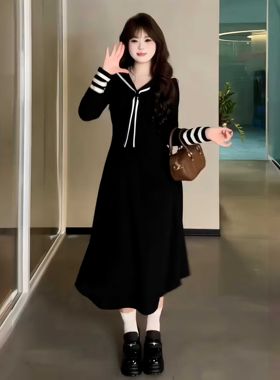 大码设计海军领气质黑色连衣裙女春秋款胖mm收腰显瘦长裙子240斤