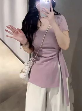 大码紫色U领正肩短袖t恤女夏季新款胖mm遮肉显瘦不规则上衣240斤