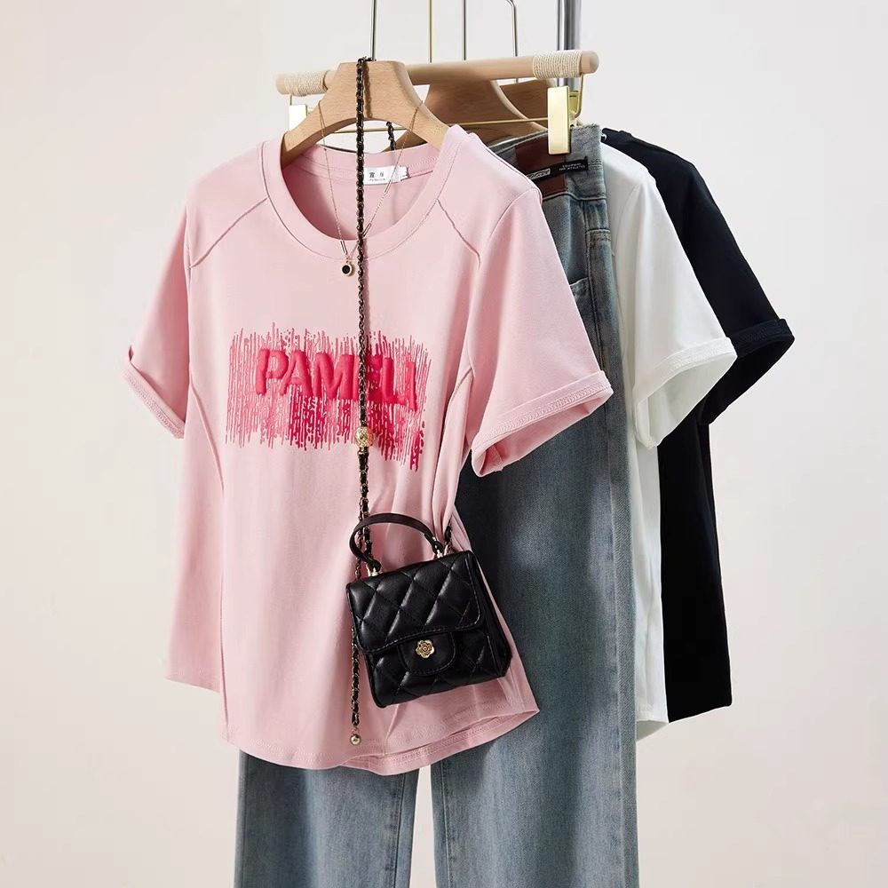 大码显瘦鱼骨正肩短袖t恤女夏季新款胖MM遮肚子百搭印花别致上衣