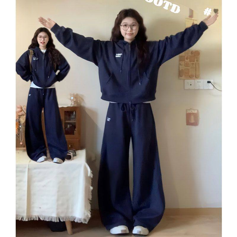 美式学院风春秋大码通勤套装小众胖MM连帽女装显瘦运动长裤两件套