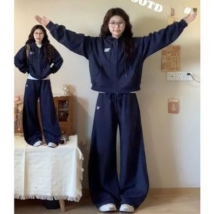 美式学院风春秋大码通勤套装小众胖MM连帽女装显瘦运动长裤两件套