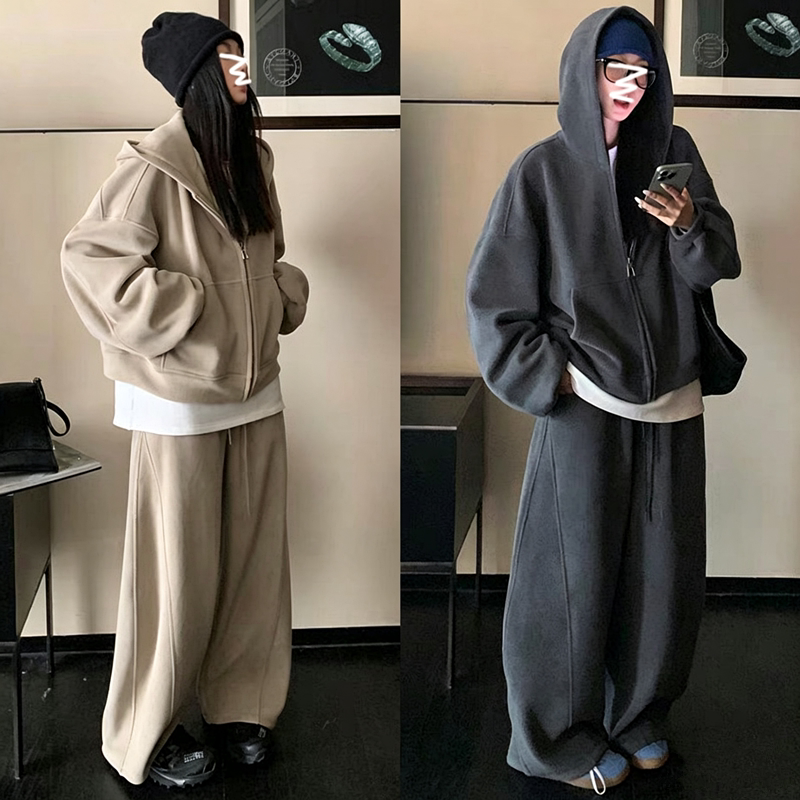 胖妹妹大码连帽卫衣套装女春秋季慵懒风宽松阔腿裤休闲运动两件套