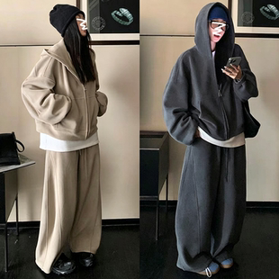 胖妹妹大码连帽卫衣套装女春秋季慵懒风宽松阔腿裤休闲运动两件套