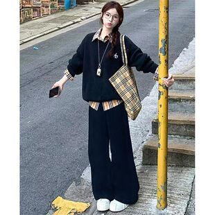 秋季女装一整套胖mm大码拼接格纹假两件卫衣阔腿裤两件套装300斤