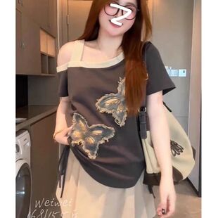 大码个性独特蝴蝶短袖T恤女夏季胖mm宽松遮肚不规则抽绳露肩上衣