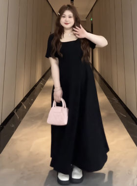 大码法式黑色赫本风方领连衣裙女夏季巨显瘦慵懒微胖mm遮肉长裙子