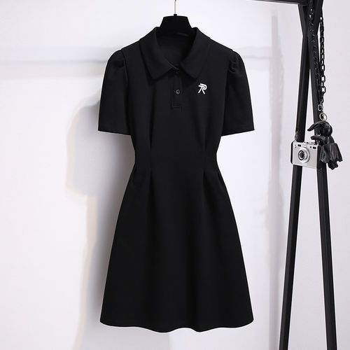 黑色POLO翻领休闲T恤连衣裙女夏季微胖MM大码收腰显瘦裙子小个子