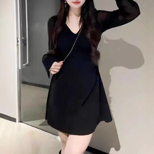 大码法式设计绑带长袖连衣裙女春季新款洋气胖mm收腰显瘦短款裙子