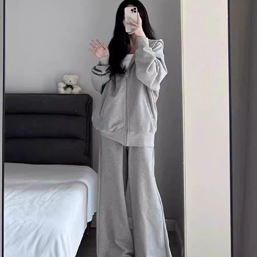 韩系显瘦胖MM套装运动休闲大码简约女装小众春秋宽松运动服两件套