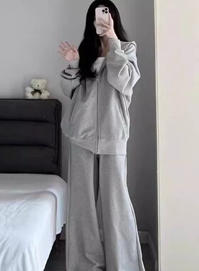 韩系显瘦胖MM套装运动休闲大码简约女装小众春秋宽松运动服两件套
