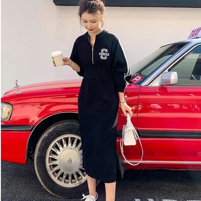 大码时尚设计半拉链连衣裙女春秋季新款洋气胖MM收腰休闲卫衣裙子