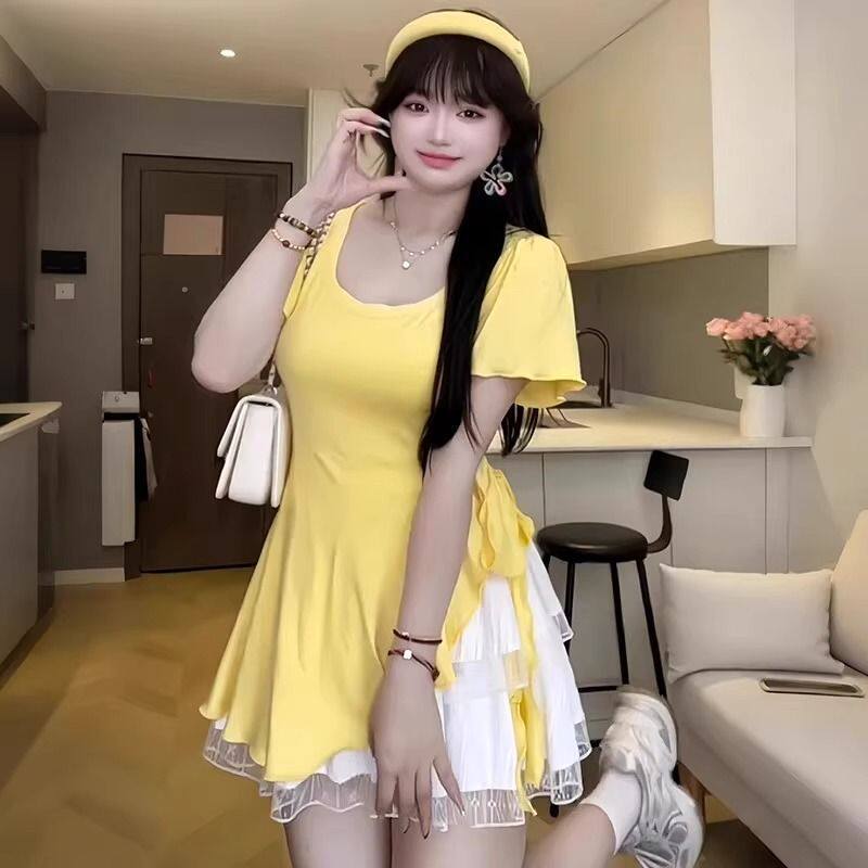 大码辣妹上衣女胖MM夏季显瘦不规则荷叶边纯欲风绑带正肩短袖t恤