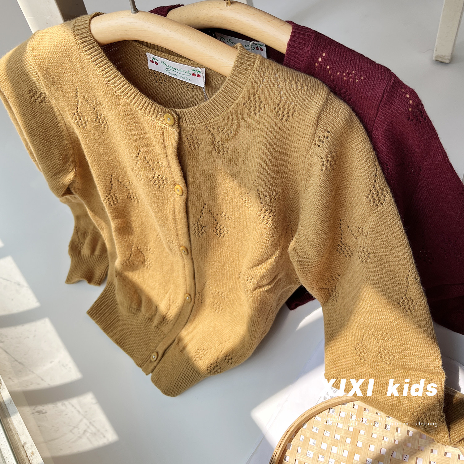 23秋季新款女童羊毛开衫樱桃镂空提花宝宝针织衫长袖外套女孩毛衣