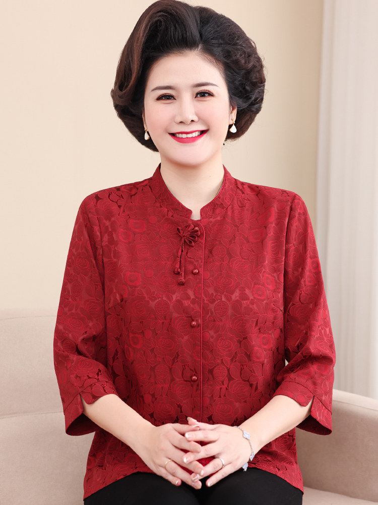 春装喜婆婆婚宴真丝上衣中老年人妈妈唐装高贵夏季红色桑蚕丝衬衫