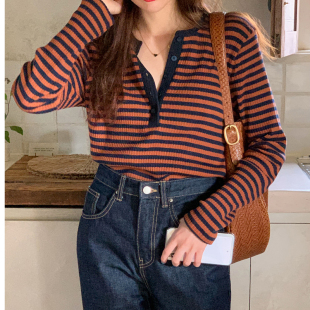 百搭简约基础文艺休闲宽松针织条纹女T恤 minuet时尚 2021秋季 love