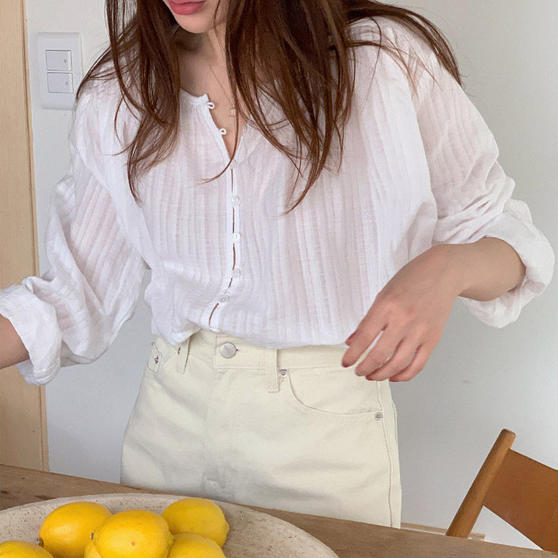 宽松简约单排扣长袖纯棉女衬衫
