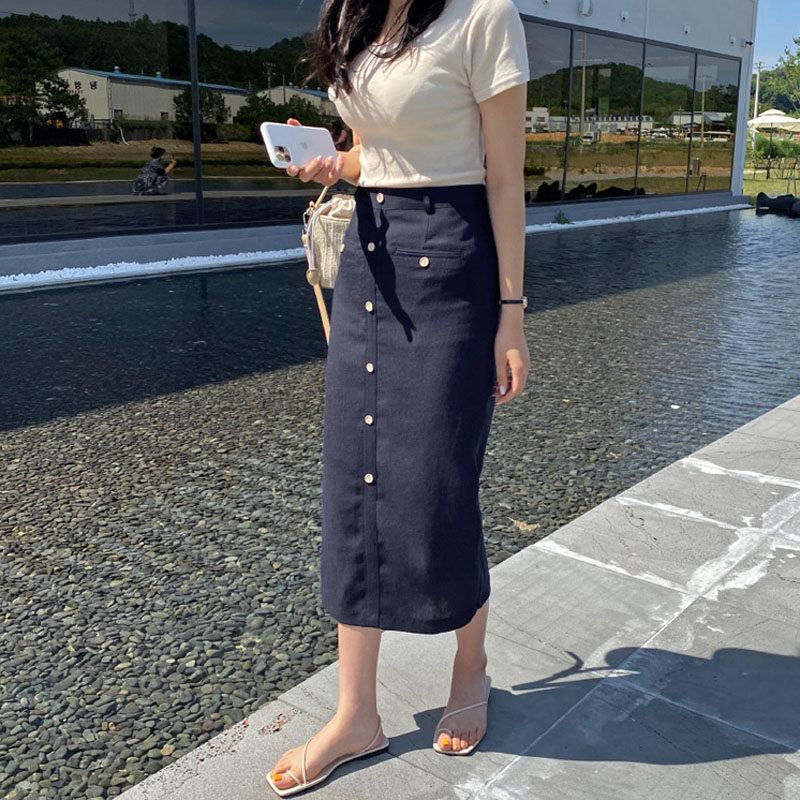 夏季~holic百搭时尚简约气质前中单排扣包臀直筒半身裙女长裙