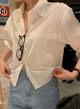 2025夏love-minuet时尚百搭简约翻领暗条纹棉七分袖单排扣女衬衫