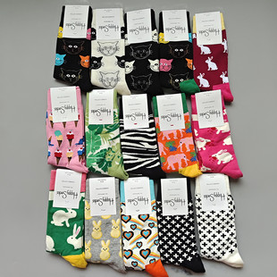 happysocks袜子ins潮女袜四季爆纯棉中筒袜外穿网红款百搭嗨皮袜