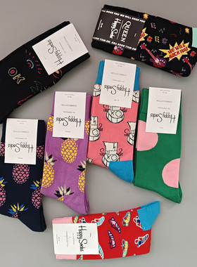 新款happy女中筒潮牌棉袜运动长袜白色大码百搭四季款嗨皮潮袜