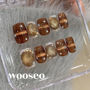 琥珀猫眼穿戴甲短款 手工穿戴美甲 秋冬高级感美拉德指甲贴片2025款