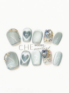 蓝色猫眼美甲穿戴甲短款高级感手工指甲贴片2026新款爆款穿戴美甲