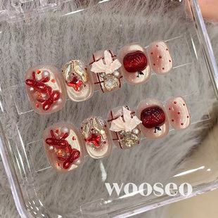 红色猫眼穿戴甲短款 穿戴美甲 秋冬高级感手工苹果指甲贴片2025新款