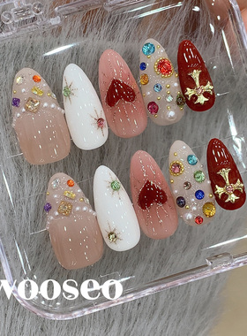 红色穿戴甲中长款轻奢高级感手工爱心指甲贴片2025新款穿戴式美甲