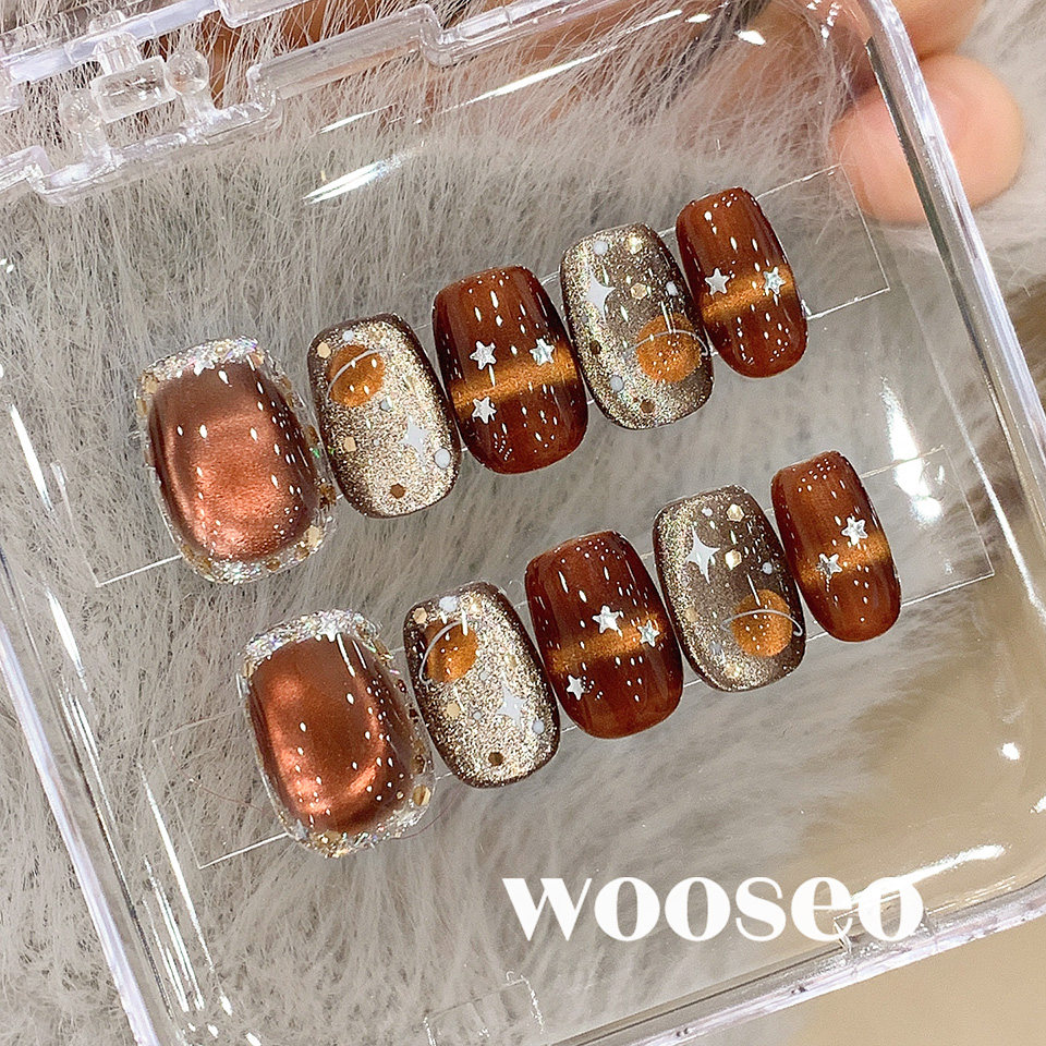 琥珀猫眼穿戴甲短款秋冬高级感手工指甲贴片2026款美拉德穿戴美甲,彩妆/香水/美妆工具,穿戴甲/甲片,淘宝优惠券,粉丝福利购,淘宝优惠卷