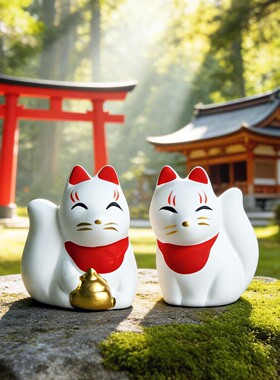 日式稻荷狐狸鱼缸摆件