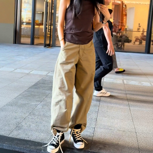 卡其色阔腿裤女秋季2026新款美式弯刀裤大码胖mm显瘦直筒休闲长裤